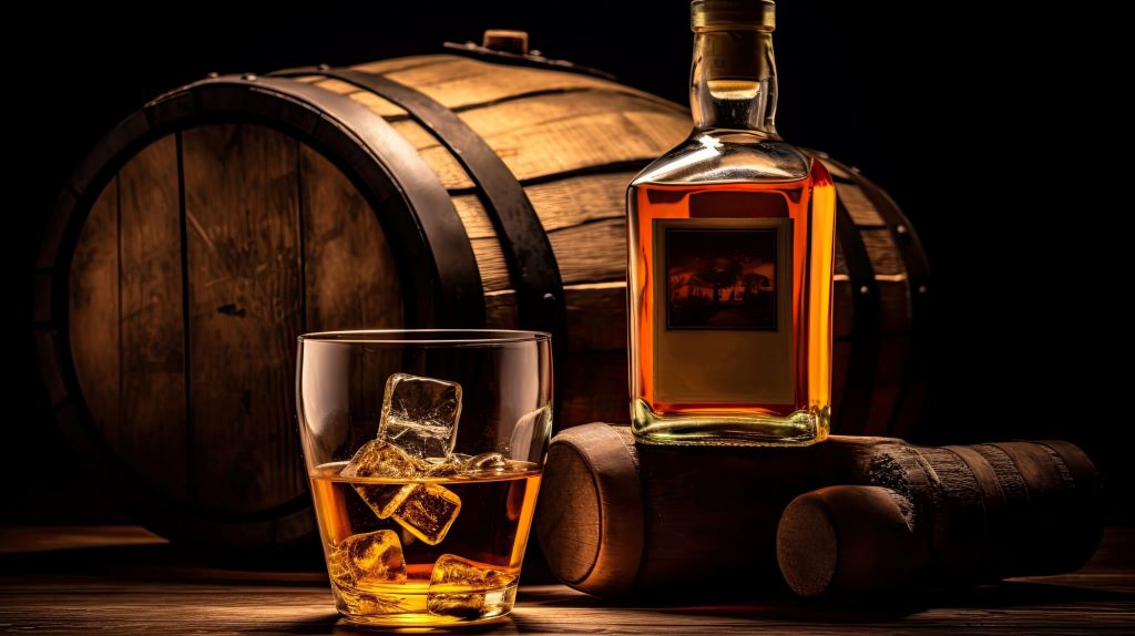 Close-up comparison showing whiskey color differences between bourbon barrel aging versus sherry cask finishing with flavor profile tasting notes overlay