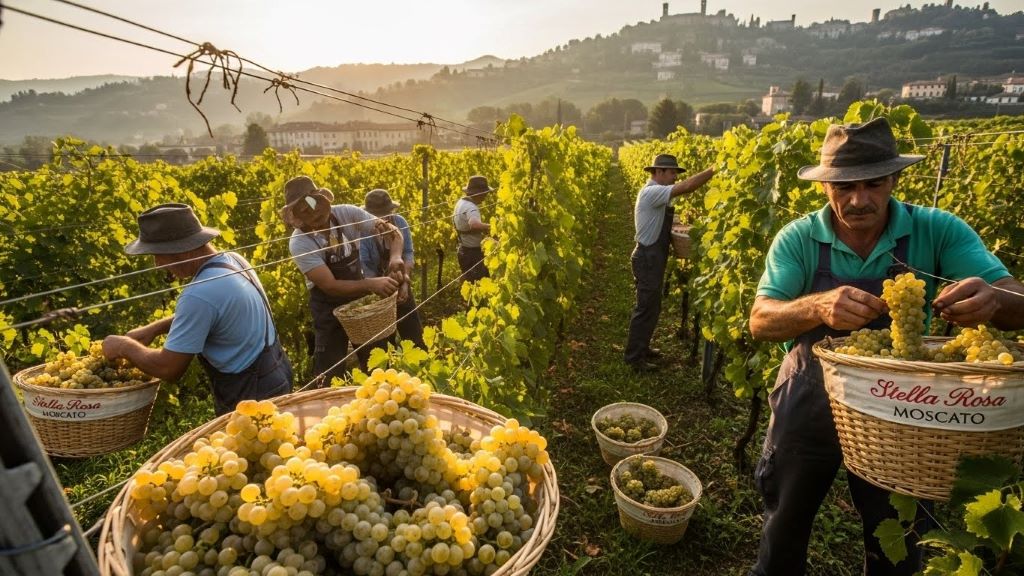 Muscat Canelli white wine grapes harvested in Asti Italy for Stella Rosa Moscato semi-sweet sparkling wine