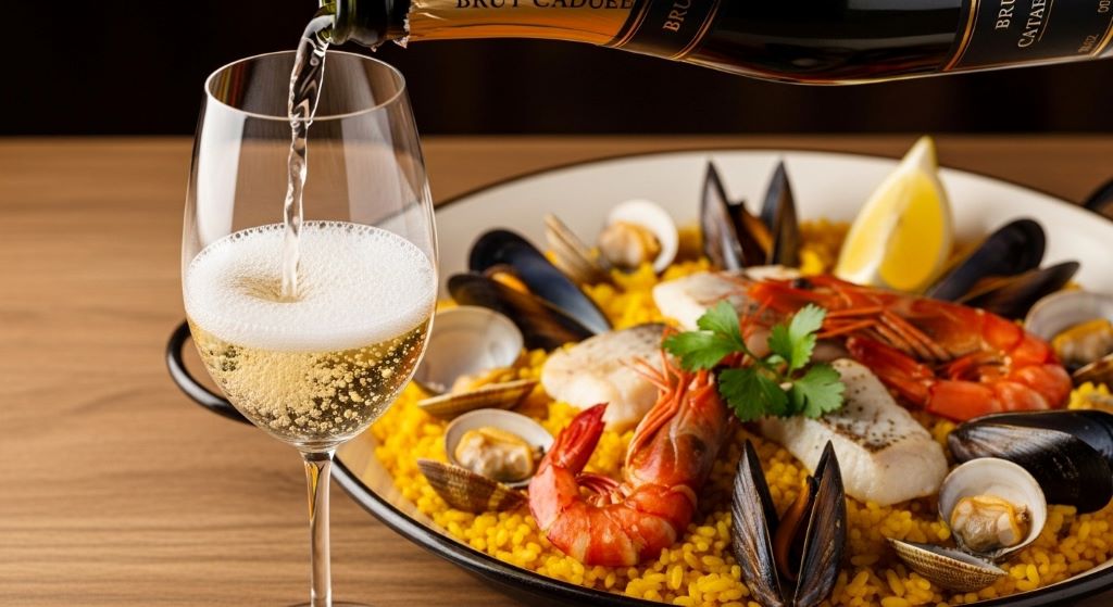 Bottle of brut cava being poured into wine glass next to plate of traditional Spanish seafood paella with shellfish