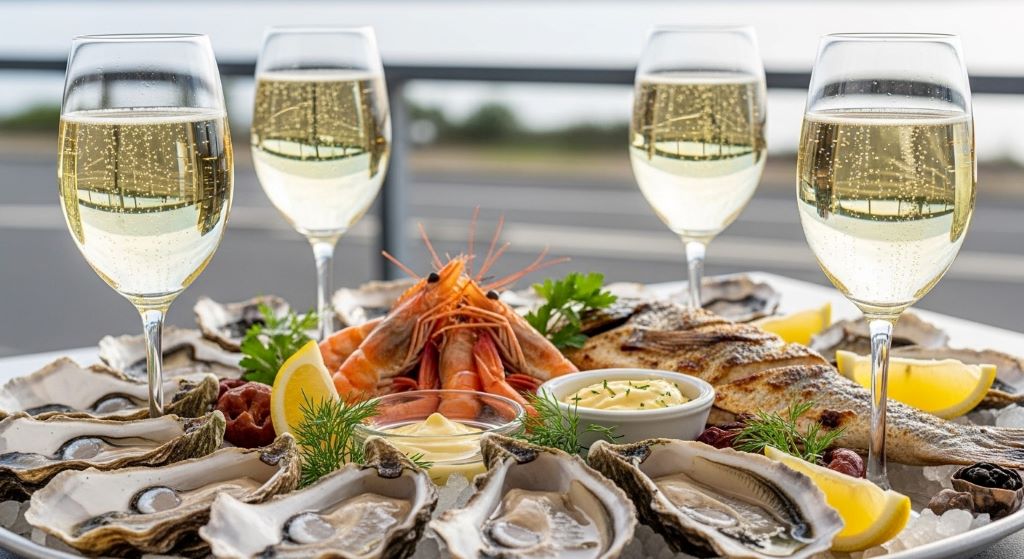 Glasses of Spanish cava sparkling wine served alongside fresh seafood platter with oysters shrimp and grilled fish