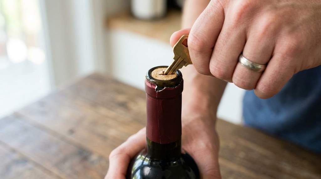 A person using a screwdriver to open a wine bottle without a corkscrew
