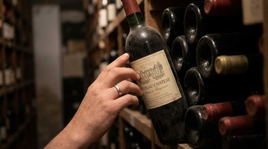 Customer reading a premium wine label before purchase
