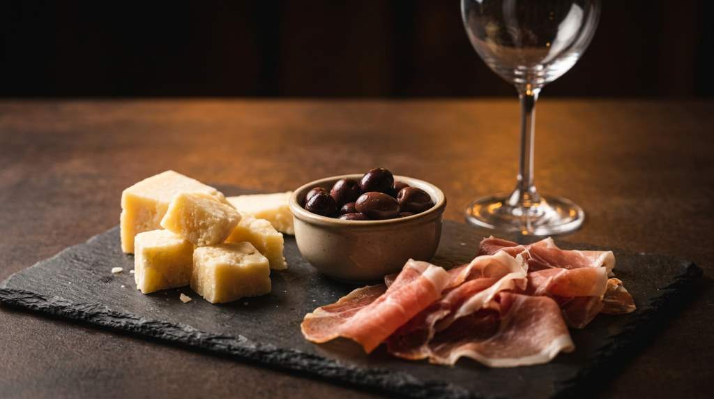 Glass of sparkling wine served alongside a salty seafood platter on a wooden board