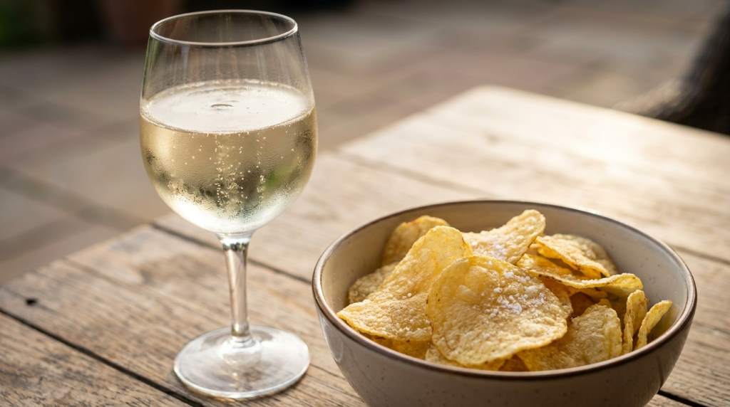 Wine and salty snack pairing guide showing Prosecco with pretzels and a cheese board