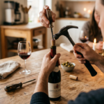 A man hammering a screw into a wine bottle cork on a wooden table.