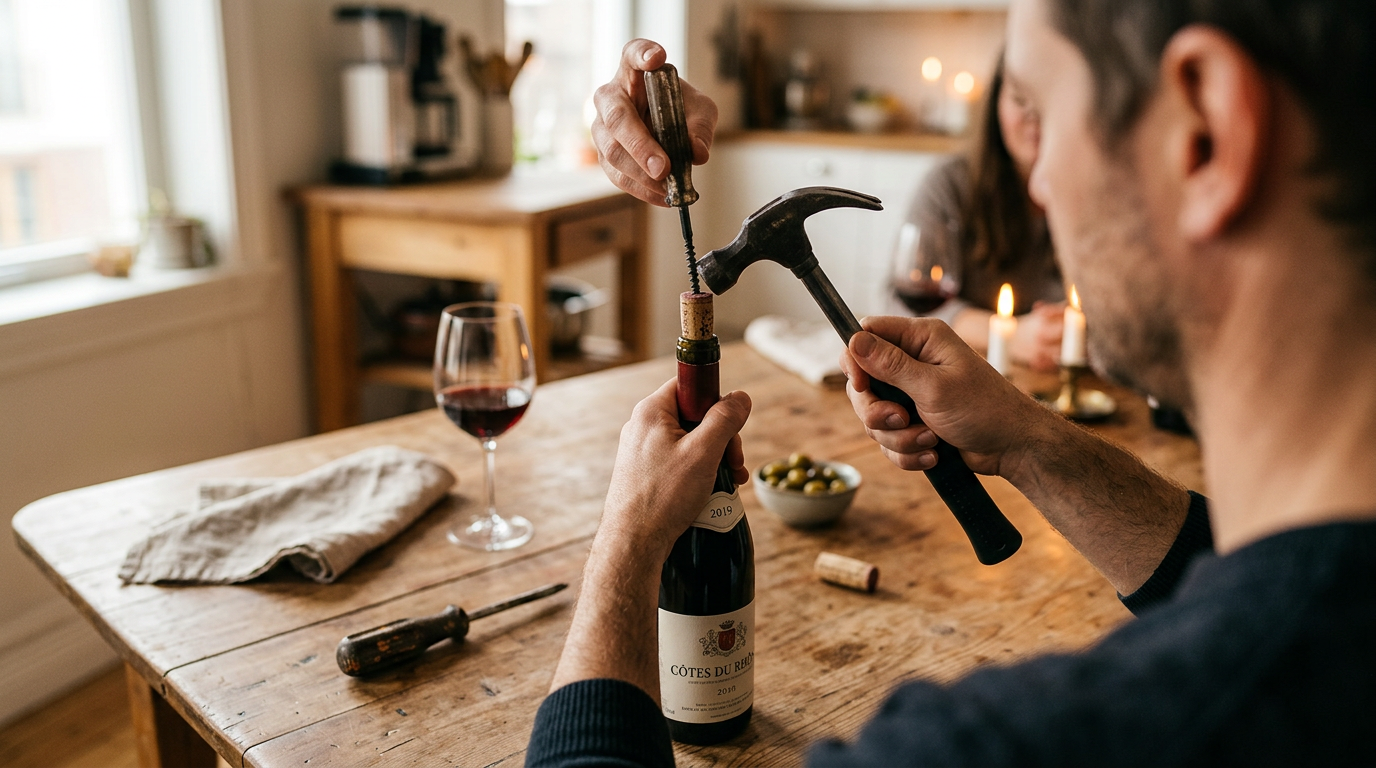 A man hammering a screw into a wine bottle cork on a wooden table.