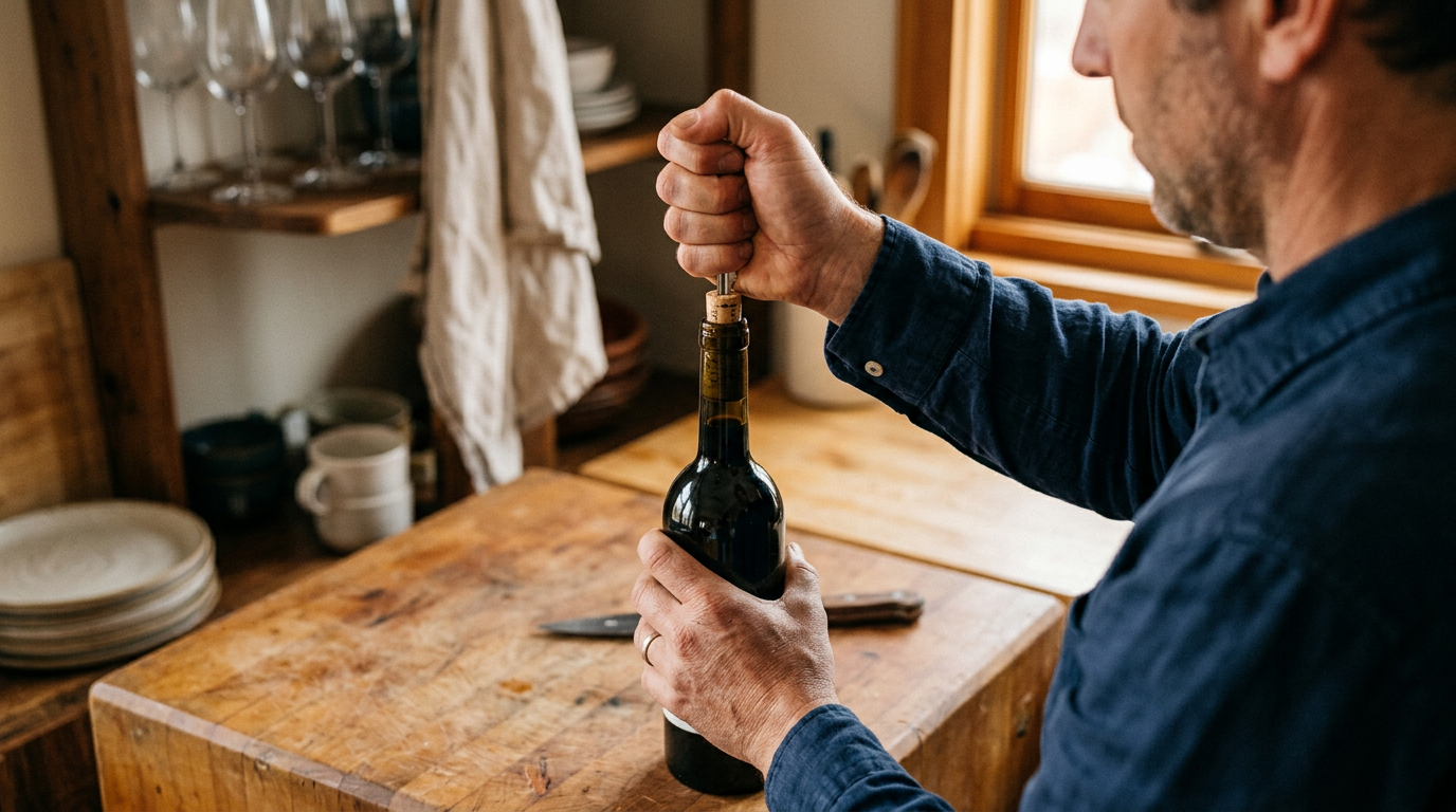 A man grips a wine bottle on a wooden counter while pushing a screw into the cork.