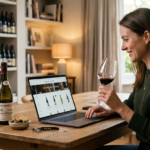 Smiling woman holding a glass of red wine while browsing wine bottles on a laptop at a wooden table.
