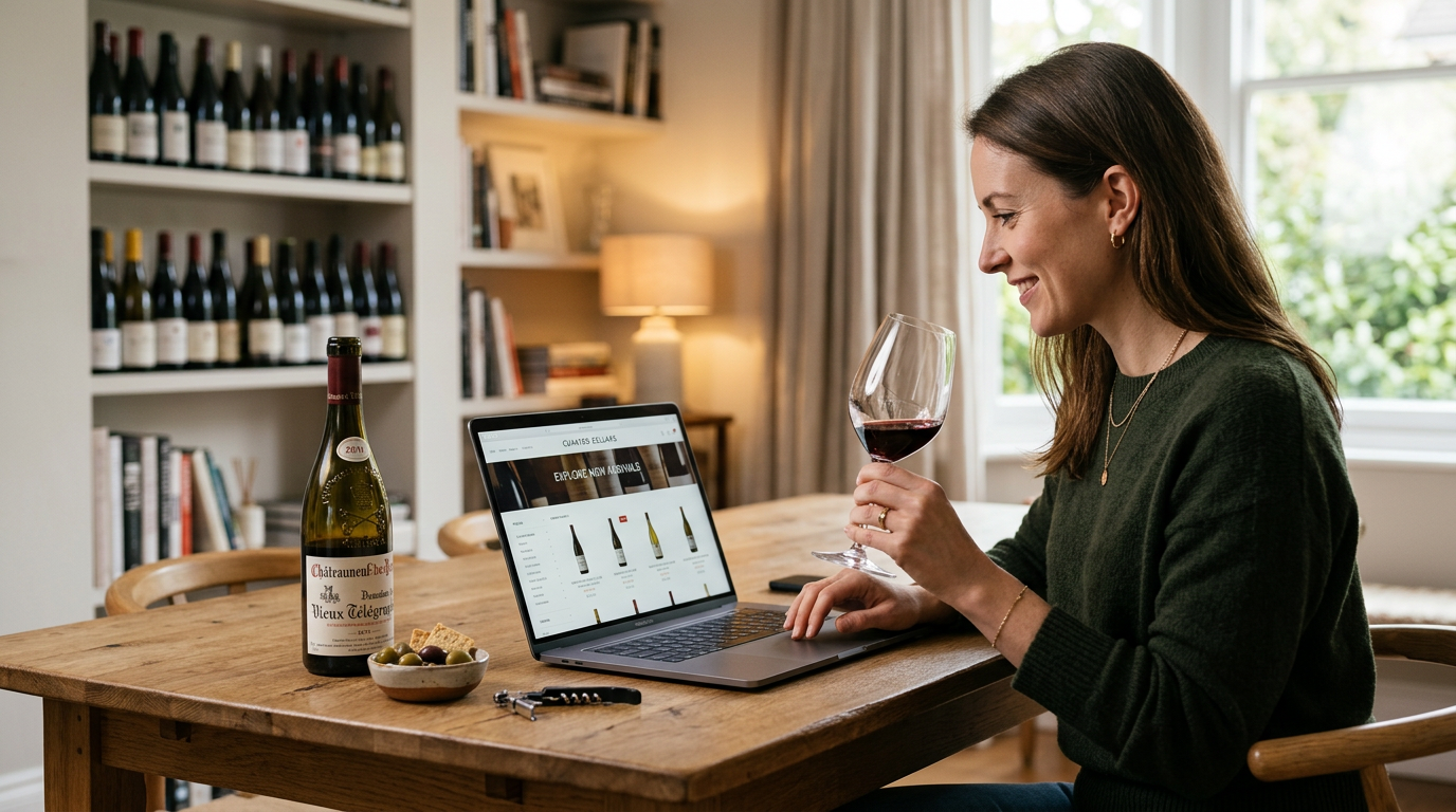 Smiling woman holding a glass of red wine while browsing wine bottles on a laptop at a wooden table.