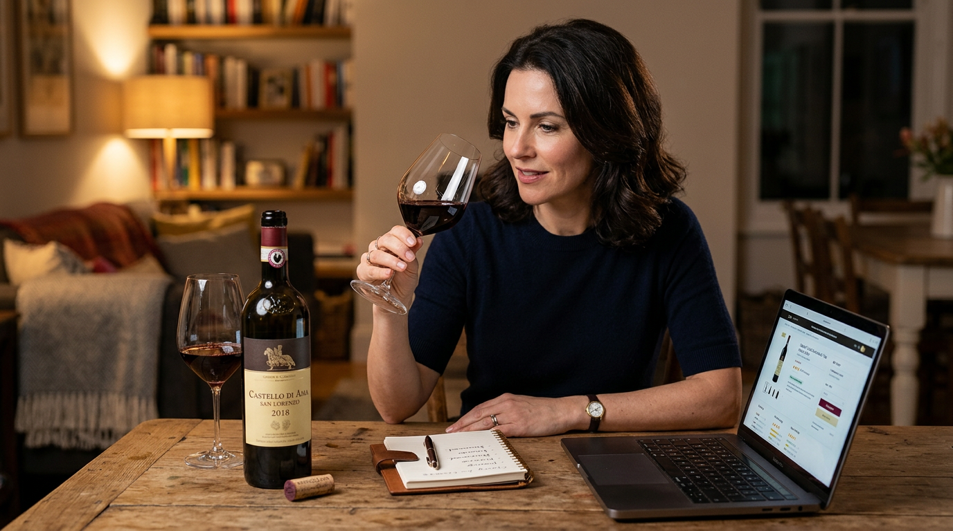 Woman holding a glass of red wine at a wooden table with a bottle, notebook and laptop.