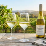 Two glasses and a bottle of white wine on a wooden table overlooking a vineyard