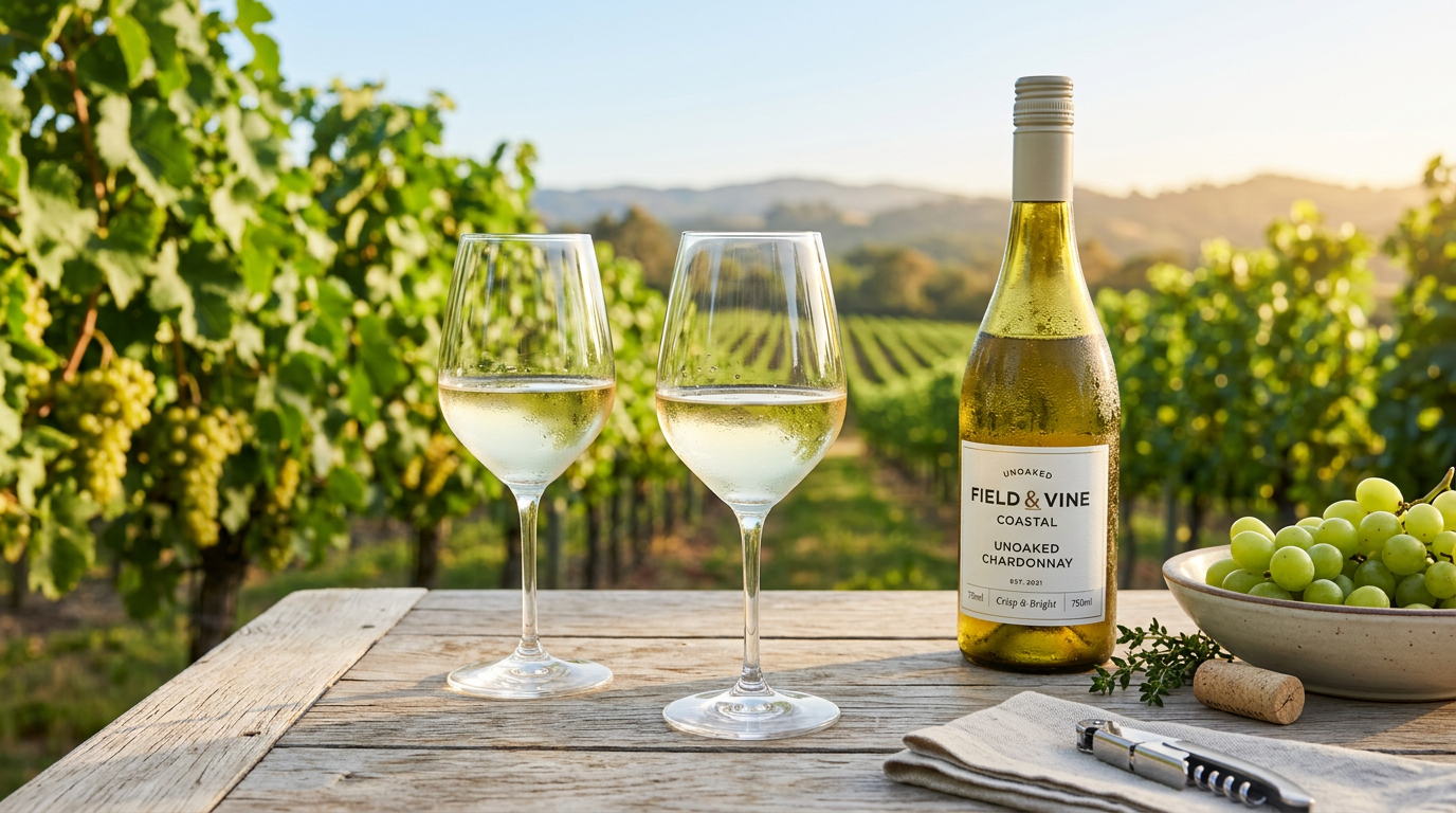 Two glasses and a bottle of white wine on a wooden table overlooking a vineyard