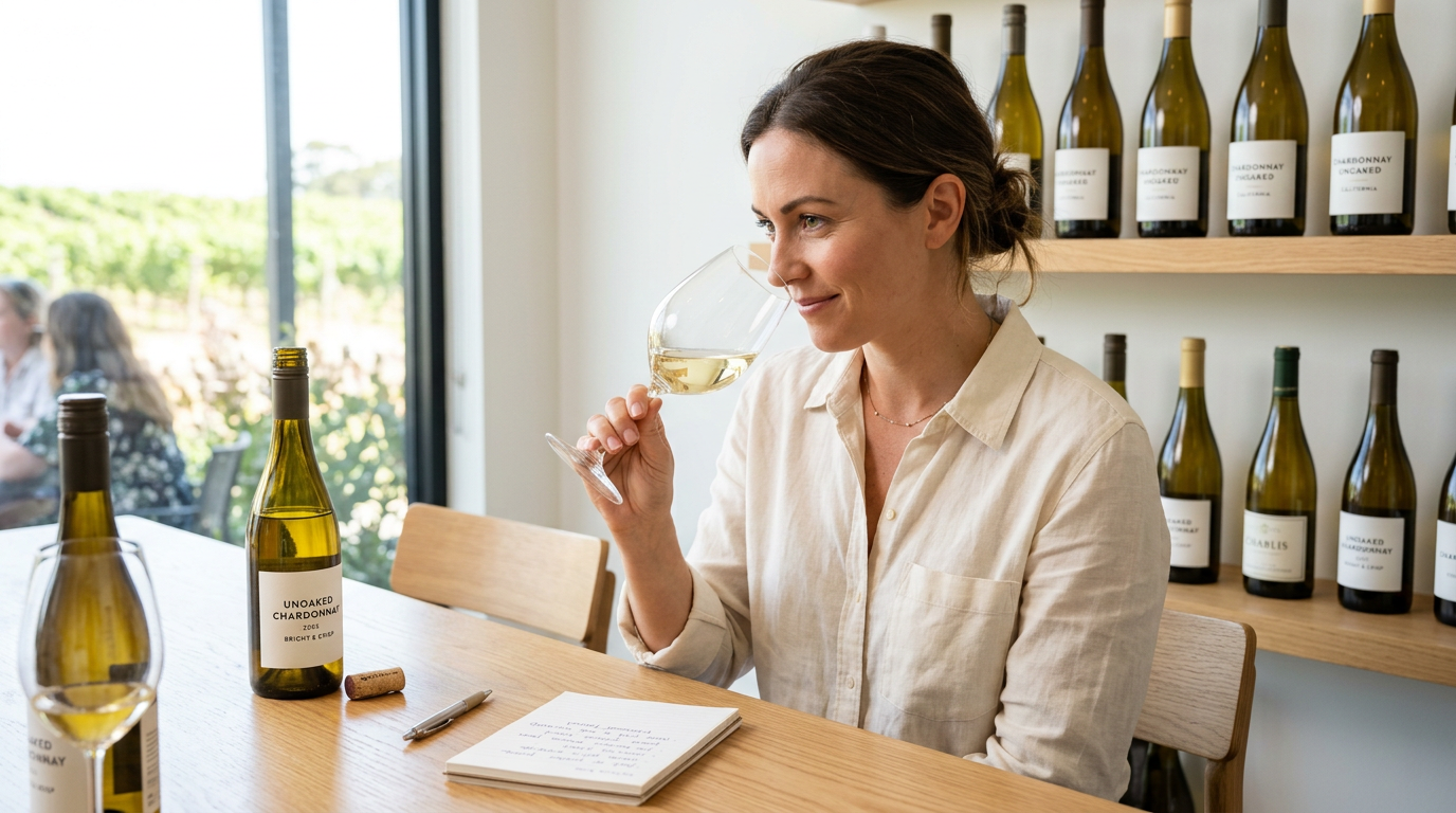 A woman smells a glass of white wine at a table with bottles and a notebook.